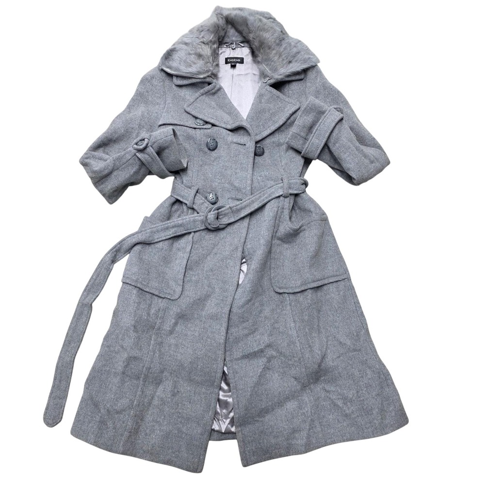 VTG‎ Y2K Bebe Women Gray Rabbit Fur Collar Belted Trench Wool Coat Medium